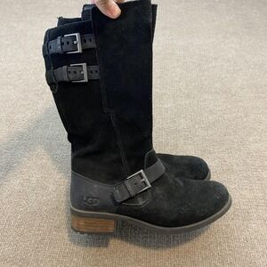 UGG Boots Womens Size 8 Black Suede Mid Calf Biker Moto Zip Buckle 1007770